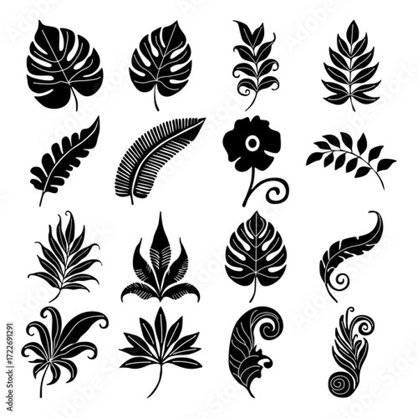 Fototapeta Set of floral elements and silhouettes of tropical leaves, ornamental patterns for using in invitation cards, ornaments, wedding invitations, etc. Handmade drawing.