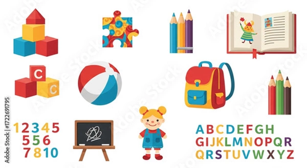 Obraz Education and learning icon set including ABC, 123, school supplies, and toys, removed-background__7_
