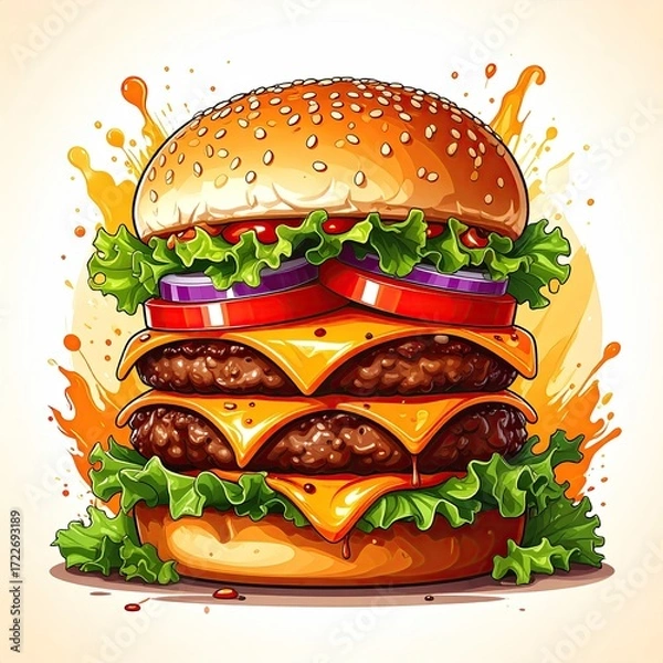 Fototapeta Triple-decker burger bursting with toppings