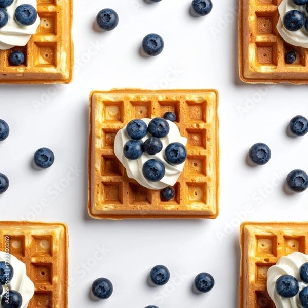 Fototapeta Waffle squares topped with whipped cream and blueberries