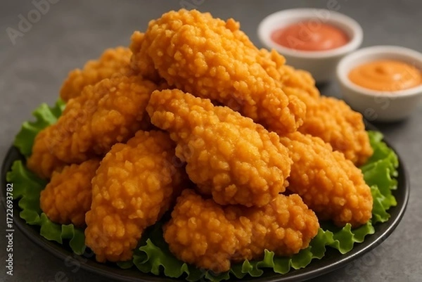 Fototapeta Crispy golden fried chicken wings piled high on a bed of fresh lettuce with dipping sauces