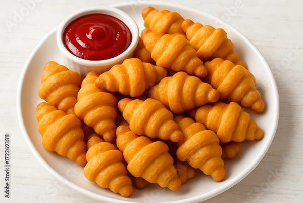 Fototapeta Golden brown crescent roll shaped fried appetizers served with a small bowl of bright red ketchup