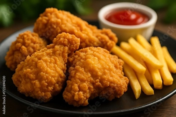 Fototapeta Crispy golden brown fried chicken pieces served with french fries and ketchup on a dark plate