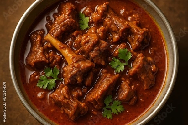 Fototapeta Close up overhead view of a rich and flavorful indian chicken curry dish garnished with fresh cilantro leaves