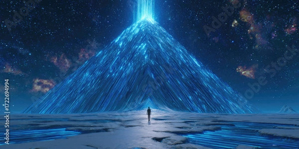 Fototapeta Giant pyramid made of glowing blue digital data lines standing atop icy mountain in space with stars galaxies background and holographic human figure at base creating surreal visualization.
