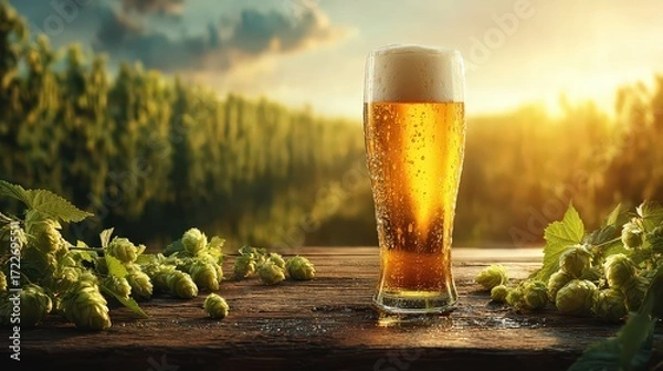 Obraz Golden Beer in Glass with Fresh Hops at Sunset