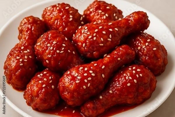 Fototapeta Close up of a plate of delicious korean fried chicken drumsticks coated in a sweet and spicy red glaze and sesame seeds