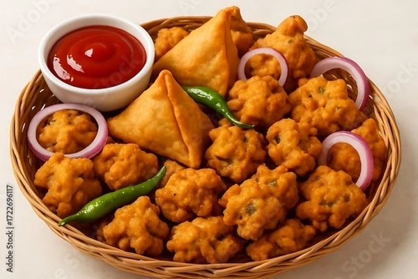 Fototapeta Delicious assortment of indian snacks including samosas and pakoras served with ketchup and onion rings