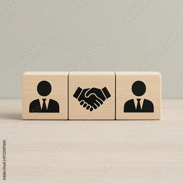 Fototapeta Three wooden blocks with icons representing two people shaking hands in agreement and partnership