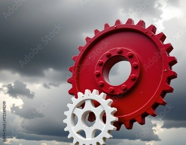 Fototapeta Surreal Large Red and White Sprockets Against Sky