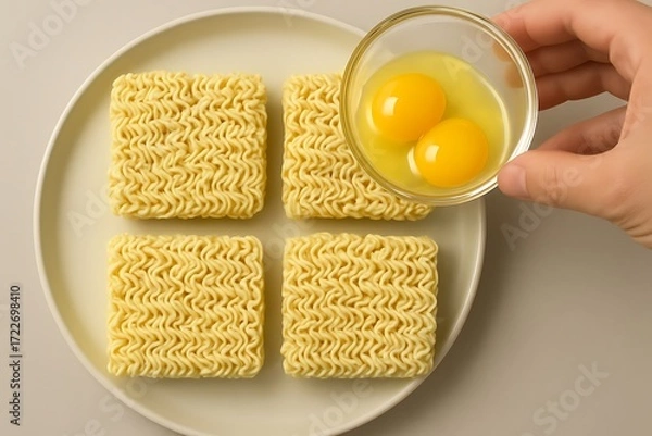 Fototapeta Hand pouring two raw egg yolks into a bowl of instant ramen noodles on a plate