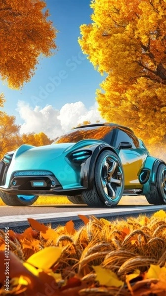 Fototapeta Creative abstract autumn festival background with autonomous driving technology elements and travel themes featuring purple colors and weather patterns for business advertising design.