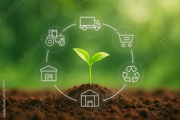 Fototapeta Sustainable agriculture supply chain concept with a seedling growing in fertile soil and icons representing farming and distribution