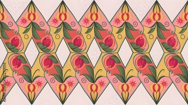 Fototapeta Hungarian Folk Art Chevron Pattern with Tessellated Zigzag Design