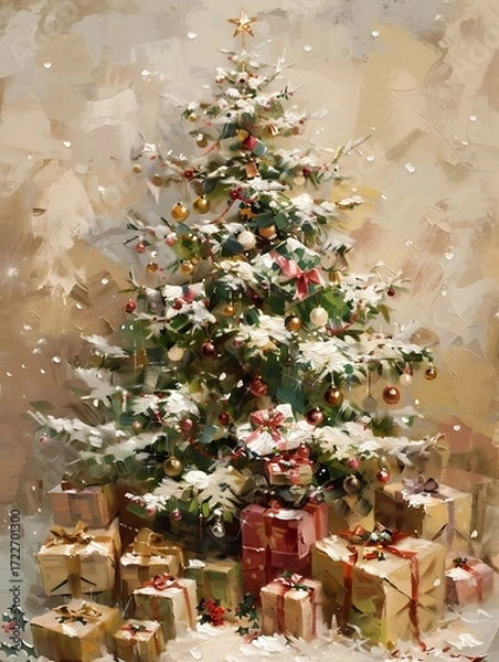 Fototapeta vintage oil painting of a decorated Christmas tree with snow-covered branches and ornaments, surrounded by many wrapped gift boxes on the ground, textured brushstrokes on a muted beige background, 