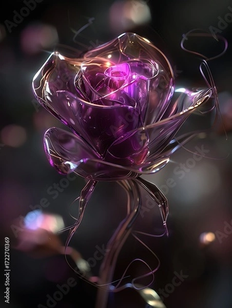 Fototapeta futuristic glass rose glowing with purple neon light, delicate transparent petals with smooth reflections, intricate light trails swirling around the stem, placed in a dreamy bokeh background 