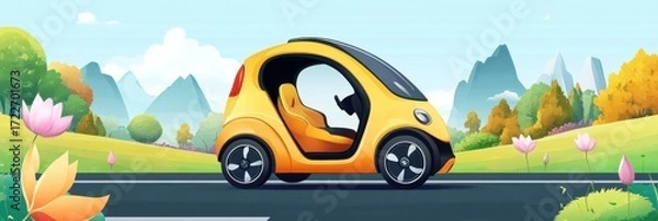 Fototapeta Creative abstract spring summer festival background with autonomous driving travel themes featuring self-driving vacation concepts for business advertising and fintech conference designs.

