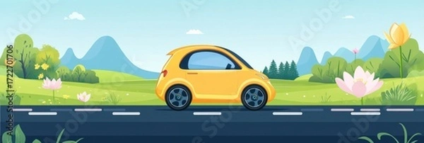 Fototapeta Creative abstract spring summer festival background with autonomous driving travel themes featuring self-driving vacation concepts for business advertising and fintech conference designs.

