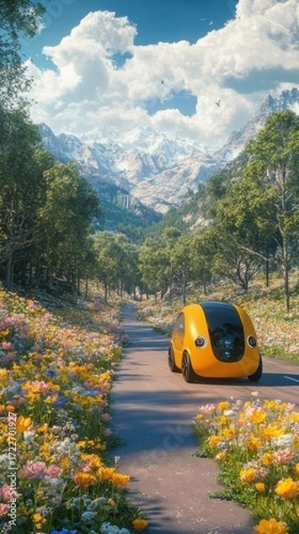 Fototapeta Creative abstract spring summer festival background with autonomous driving travel themes featuring self-driving vacation concepts for business advertising and fintech conference designs.

