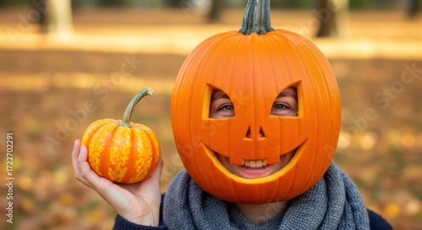 Obraz A person with a carved pumpkin on their head and holding a small pumpkin in their hand.