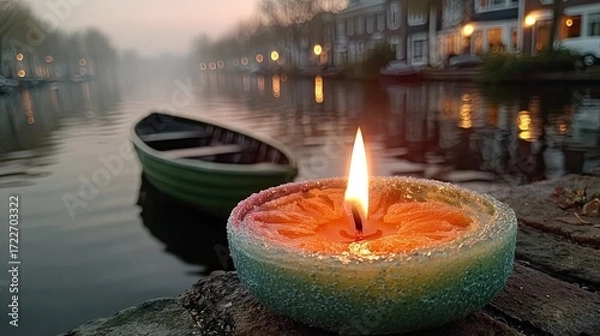Obraz Candle on canal bank at dusk