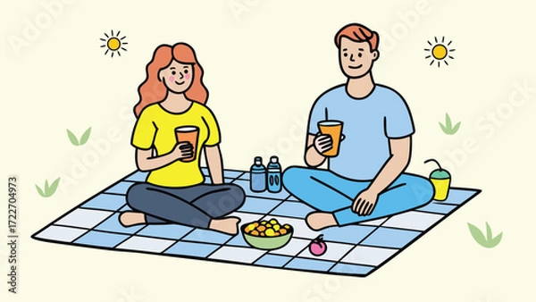 Fototapeta Couple enjoying a picnic in the park on a sunny day with drinks and snacks