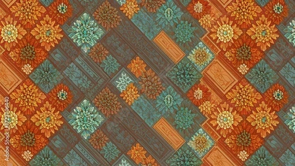 Fototapeta Repeating Zigzag Chevron Pattern with Turquoise, Ruby, and Saffron Accents