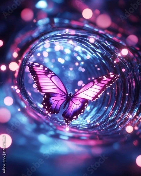 Obraz Majestic glowing purple butterfly gracefully soaring through an enchanting abstract tunnel of radiant electric blue and pink light energy amidst shimmering bokeh particles