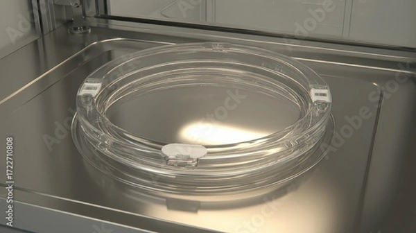 Fototapeta Transparent Circular Container on Metal Surface in Modern Kitchen Setting