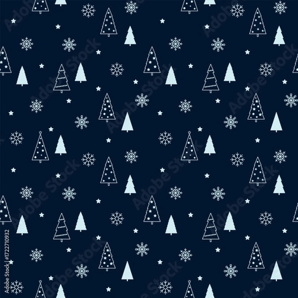 Fototapeta Christmas winter dark seamless pattern with festive New Year elements, vector, flat design. Pattern template for fabric, wrapping paper, cover, wallpaper. Christmas tree, snowflake, star on a blue 