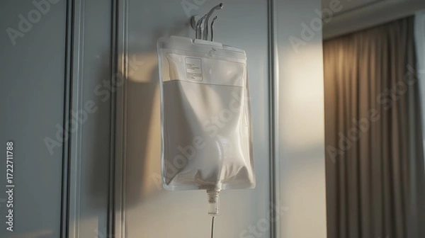Fototapeta Transparent IV bag hanging on wall with soft lighting in room