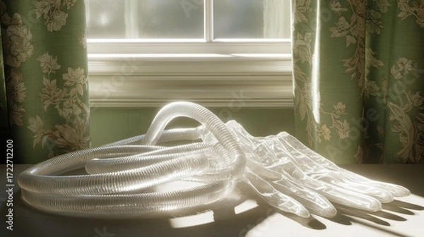 Fototapeta Transparent Medical Gloves and Tubing on a Table by a Window