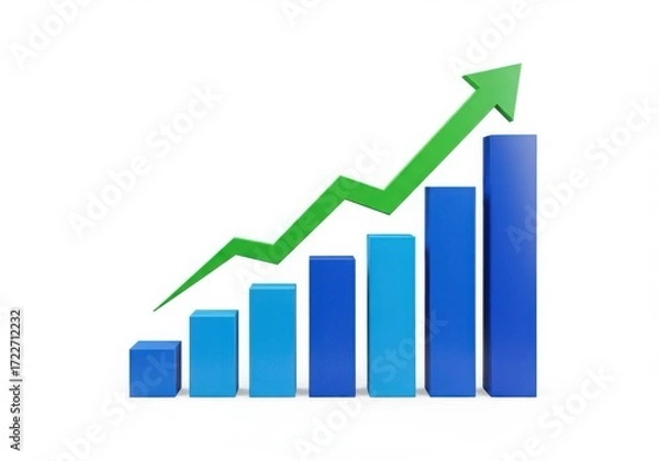 Obraz 3d bar chart with upward trend green arrow isolated on white background