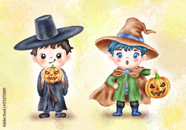 Obraz 수채화, 수묵화 기법으로 그린 할로윈 카드용 이미지 손그림 일러스트.