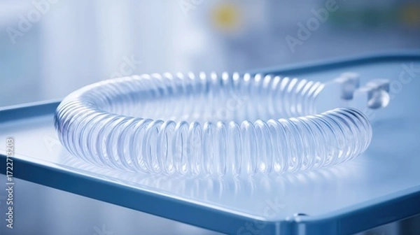 Fototapeta Transparent Plastic Coil on Blue Surface in Soft Focus Background