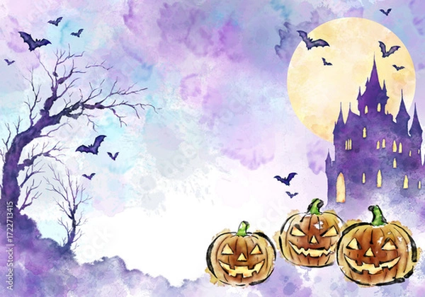 Obraz 수채화, 수묵화 기법으로 그린 할로윈 카드용 이미지 손그림 일러스트.