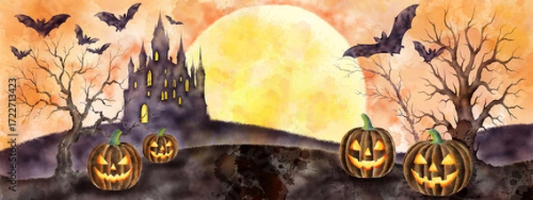 Obraz 수채화, 수묵화 기법으로 그린 할로윈 카드용 이미지 손그림 일러스트.