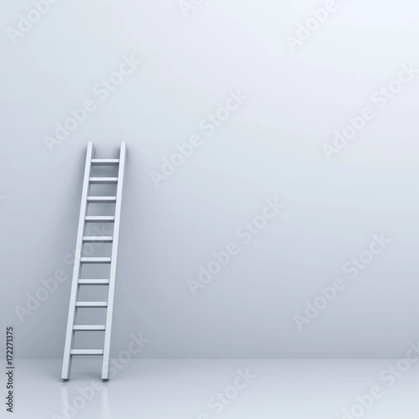 Fototapeta White ladder on white wall background with blank space . 3D rendering.