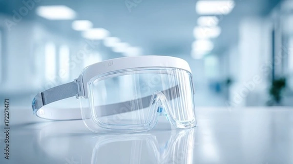 Fototapeta Transparent Safety Goggles on Table in Modern Clean Workplace Environment