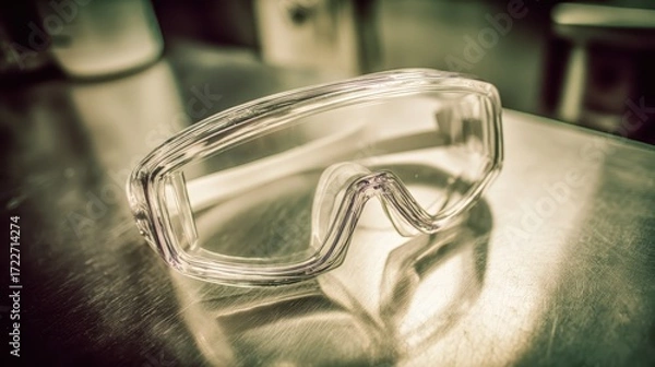 Fototapeta Transparent safety goggles resting on a reflective metallic surface