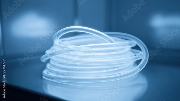 Fototapeta Transparent Tube Coiled in Blue Light on a Smooth Surface