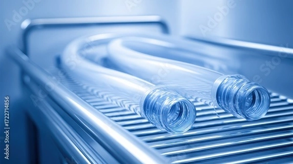 Fototapeta Transparent Tubes on Shelf in Clinical Setting under Blue Light