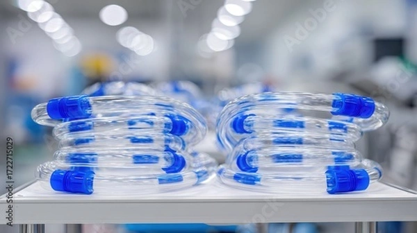 Fototapeta Transparent Tubes with Blue Caps Stacked in Modern Laboratory Setting