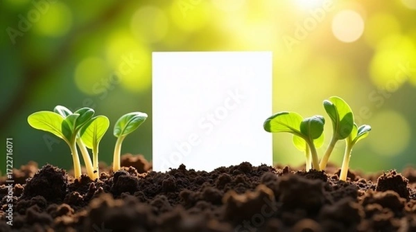 Fototapeta Young green plants grow in soil, with a blank white card in the middle, bathed in warm light.