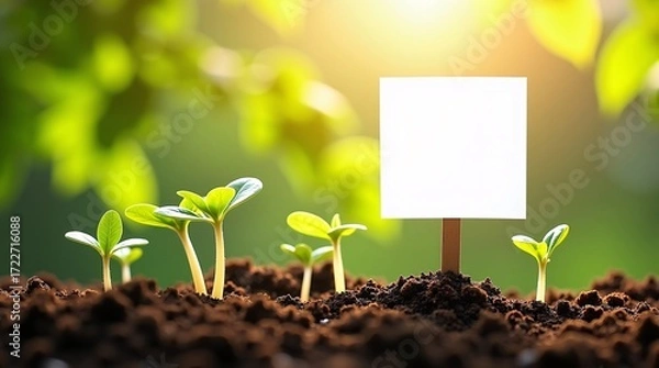 Fototapeta Young green plants grow in soil, with a blank white card on a stick in the middle, bathed in warm light.