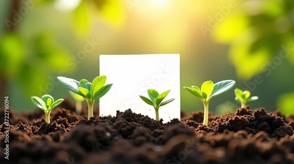 Fototapeta Young green plants grow in soil, with a blank white card in the middle, bathed in warm light.