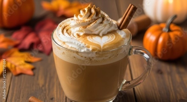 Obraz A pumpkin spice latte with whipped cream and a cinnamon stick in a clear glass mug on a wooden table with autumn leaves and pumpkins in the background.
