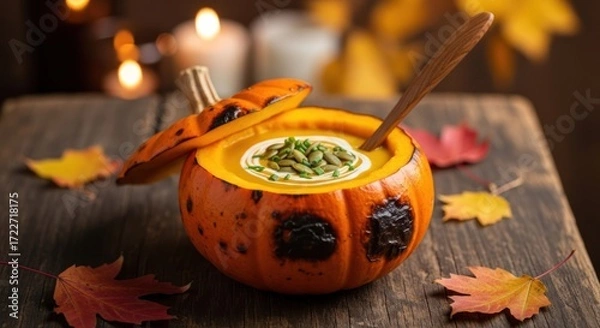 Obraz A pumpkin soup in a carved pumpkin bowl with a wooden spoon, surrounded by autumn leaves and candles on a rustic wooden table.