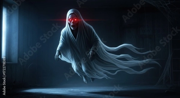 Obraz A ghostly figure with glowing red eyes and a white cloak, floating in a dark, eerie room with a window and a window sill.