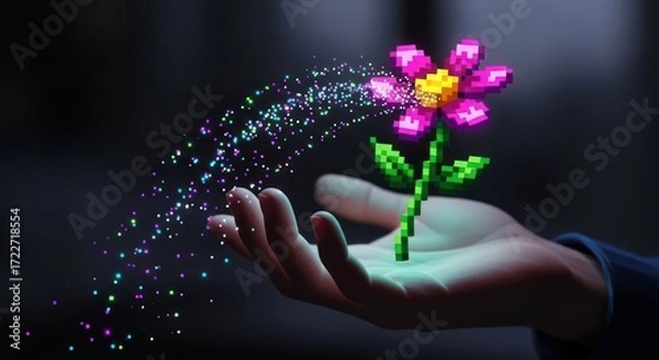 Obraz A hand holding a pixelated flower with a glowing trail of particles.